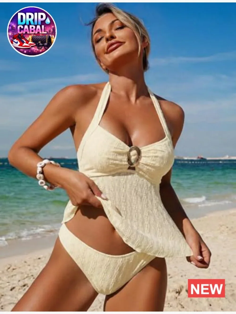 Halter Tankini Set with Lace O-Ring Cutout Tummy Control Two Piece Swimwear